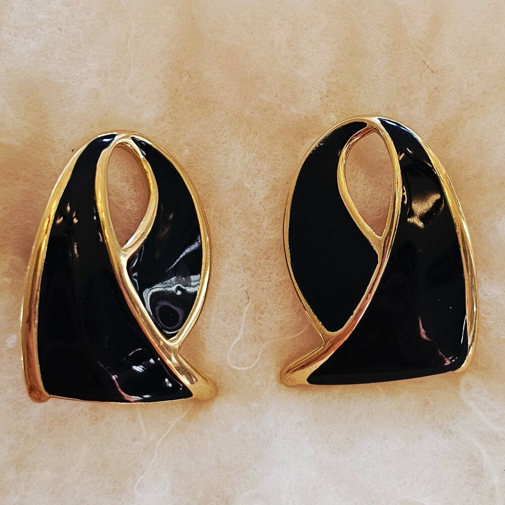 Vintage Monet gold-toned, black enamelled earrings; EUC